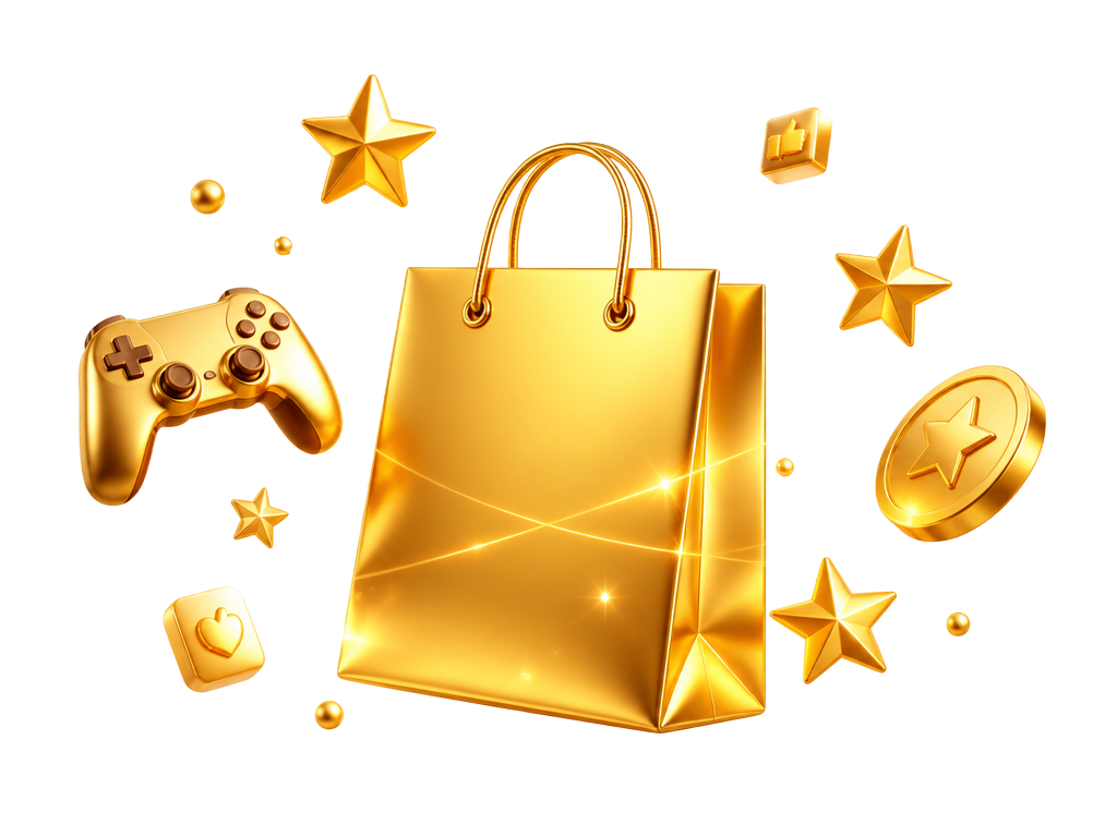 Sacola dourada com estrelas e ícones de produtos digitais do ToT Marketplace